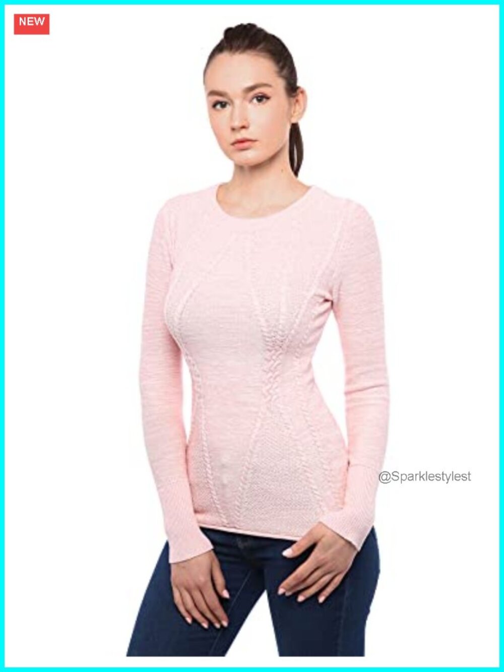 Womens Cotton Blend Cable Knit Crewneck Long Sleeve Pullover Sweater